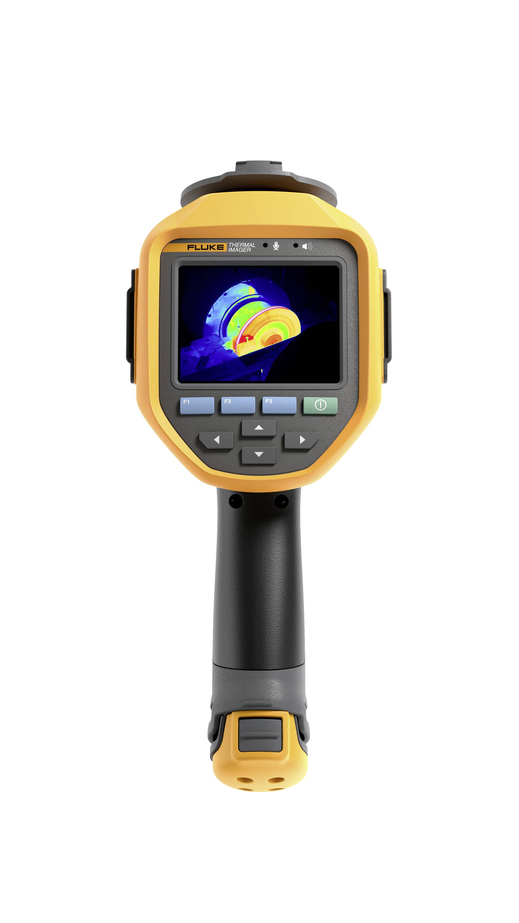 Draagbare FLUKE thermische beeldvormingscamera met een gekleurde warmtekaart weergegeven op het scherm.