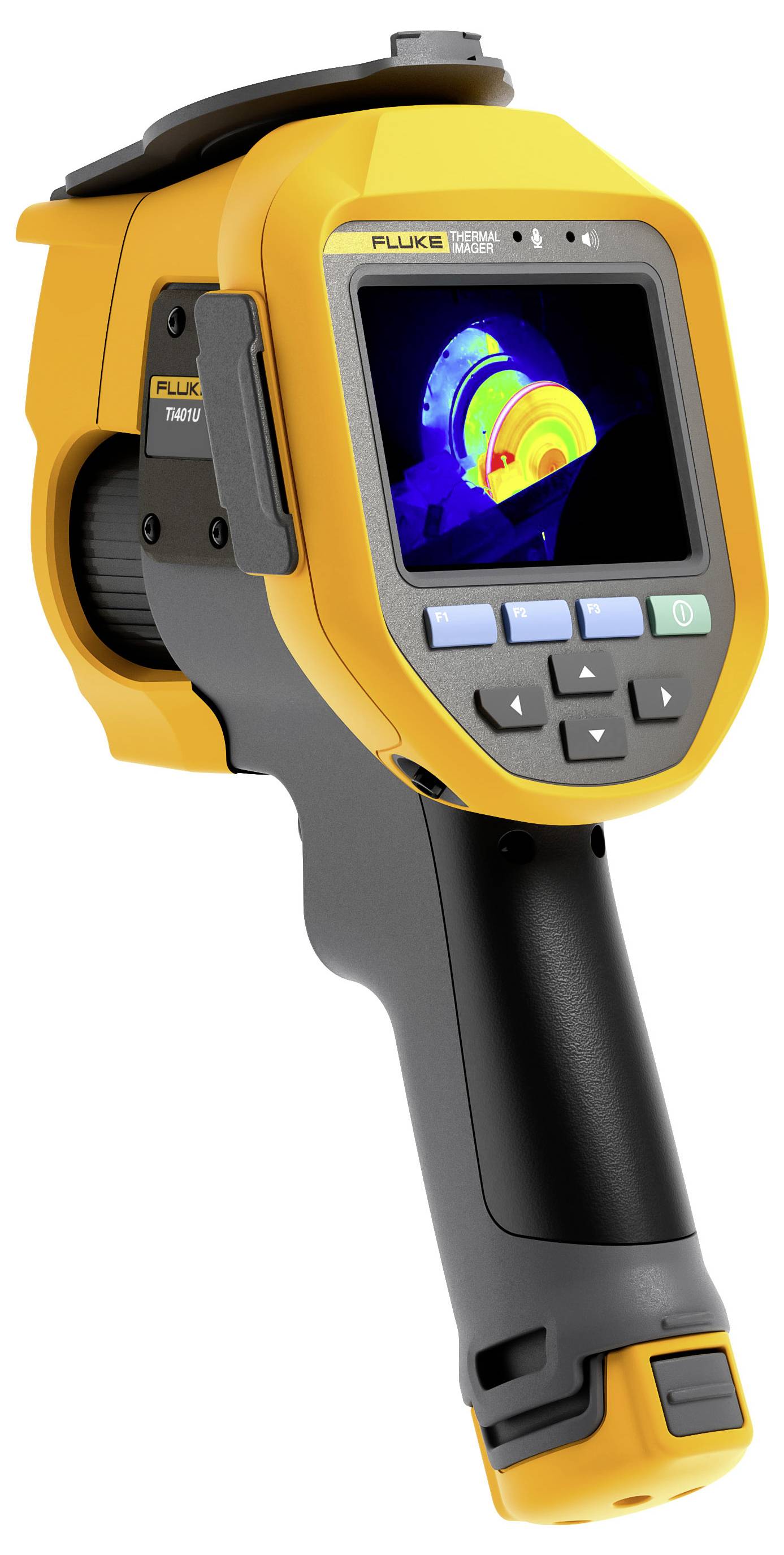 Handheld FLUKE thermische beeldvormingscamera met een kleurenwarmtekaart weergegeven op het scherm, getoond op een witte achtergrond.