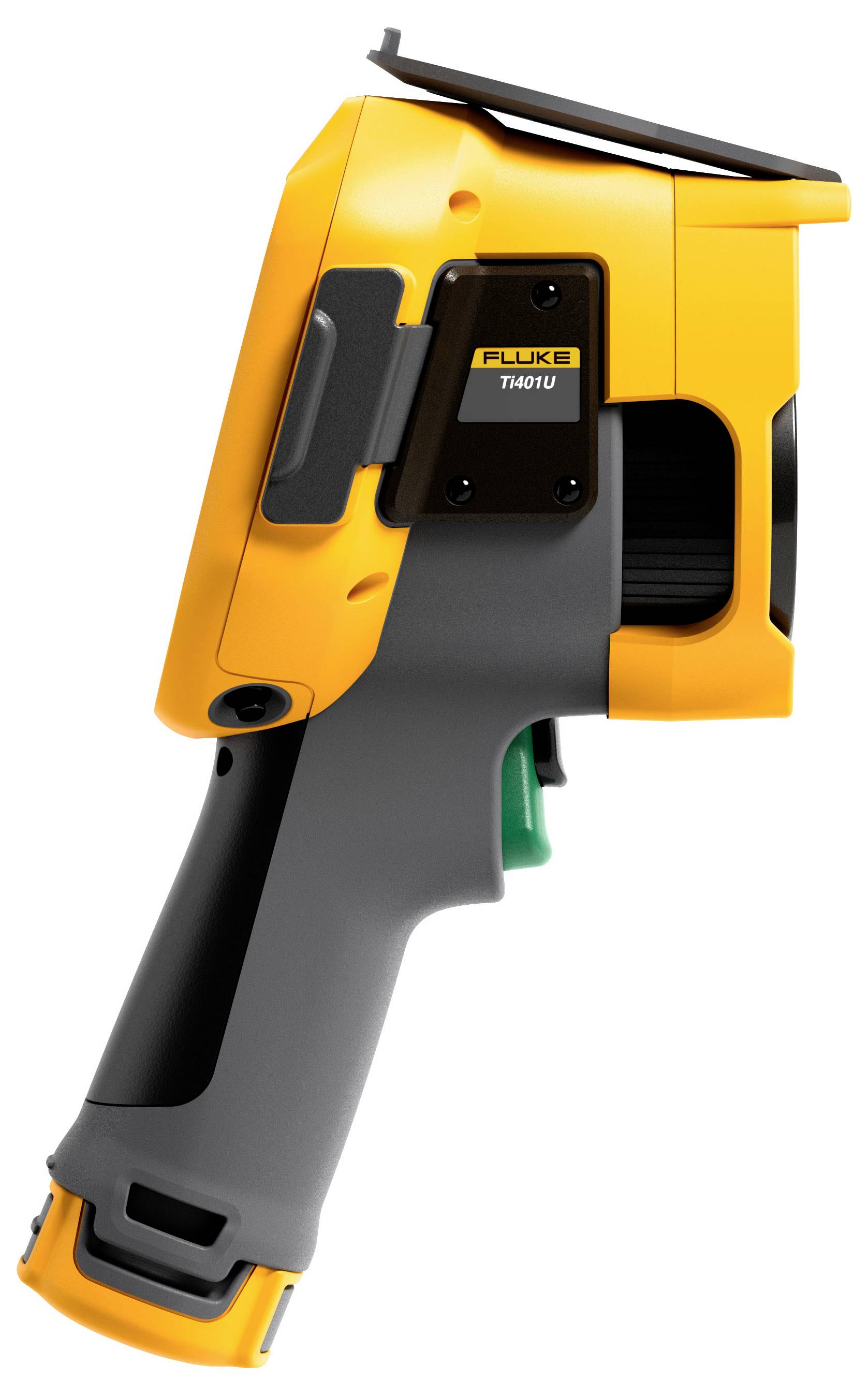 Geel en grijs Fluke Ti401U thermische beeldvormingscamera pistoolgreepapparaat weergegeven op een witte achtergrond.