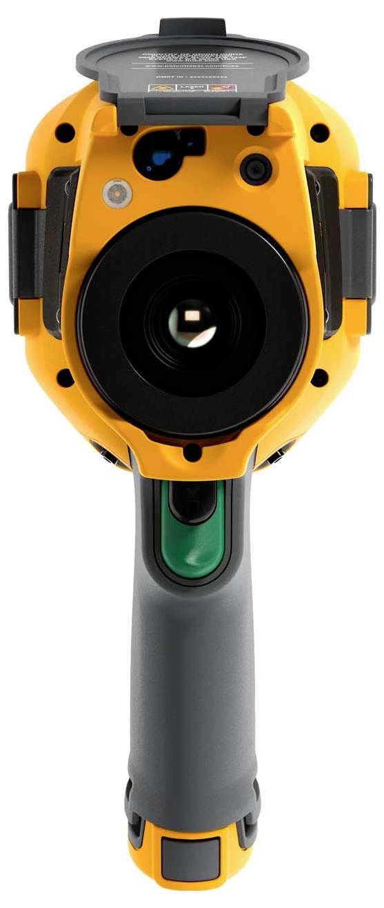 Vooraanzicht van een oranje en zwarte draagbare infrarode thermische camera met een grote cirkelvormige lens en pistoolgreep.
