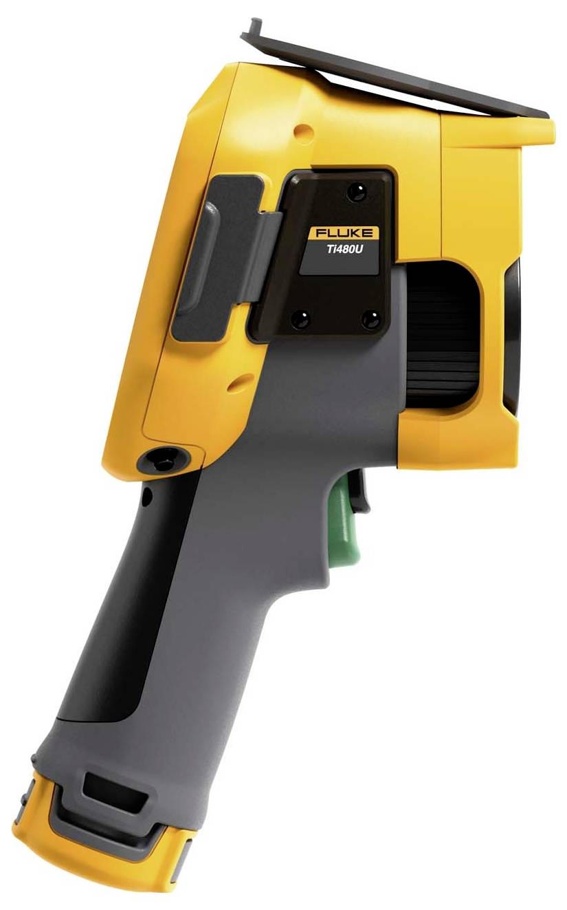 Handheld Fluke thermische beeldvormingscamera met geel en grijs pistoolgreeplichaam, weergegeven op een witte achtergrond.