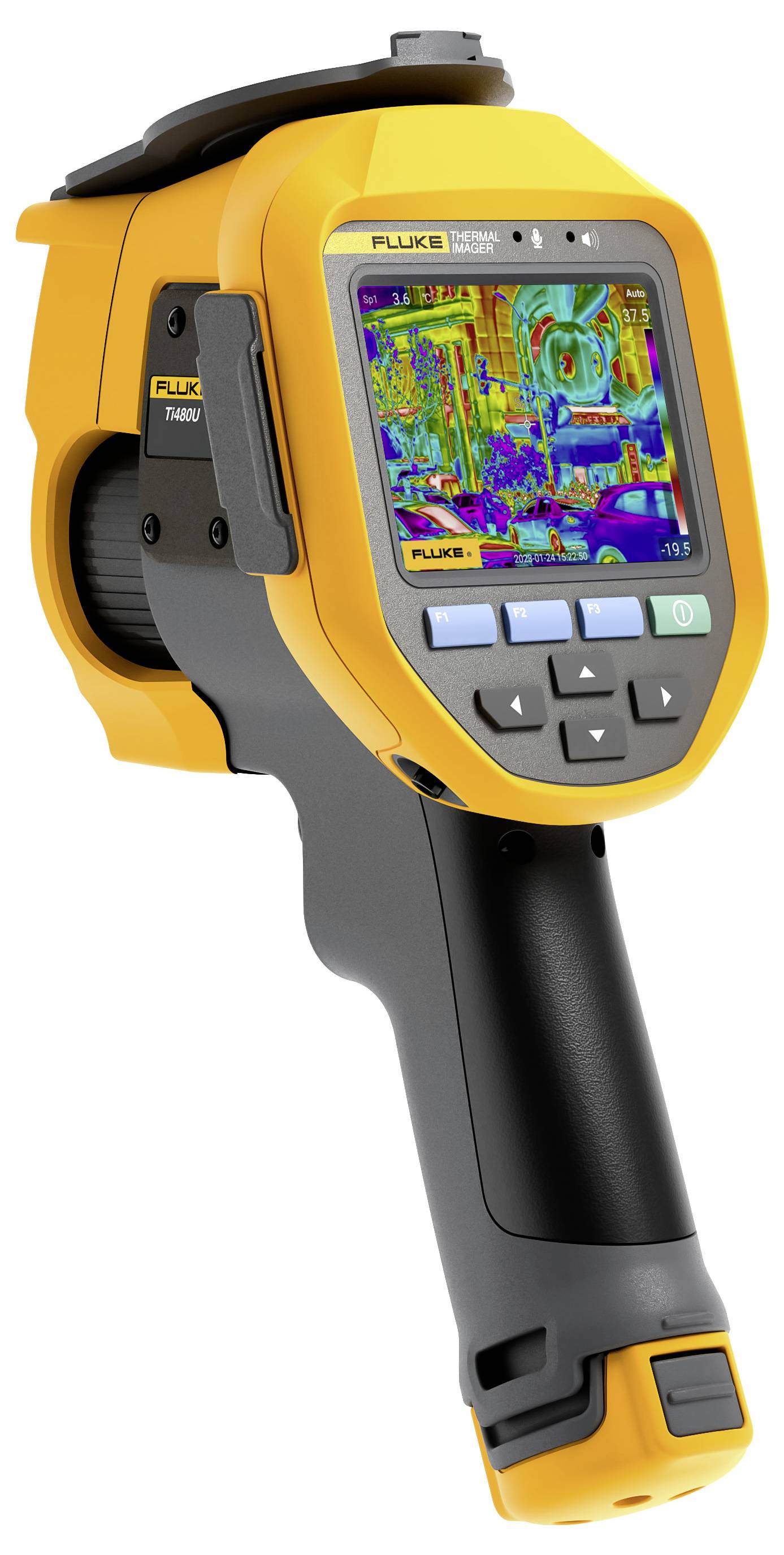 Draagbare FLUKE thermische beeldvormingscamera met kleurenthermische weergave en grip, weergegeven op een witte achtergrond.
