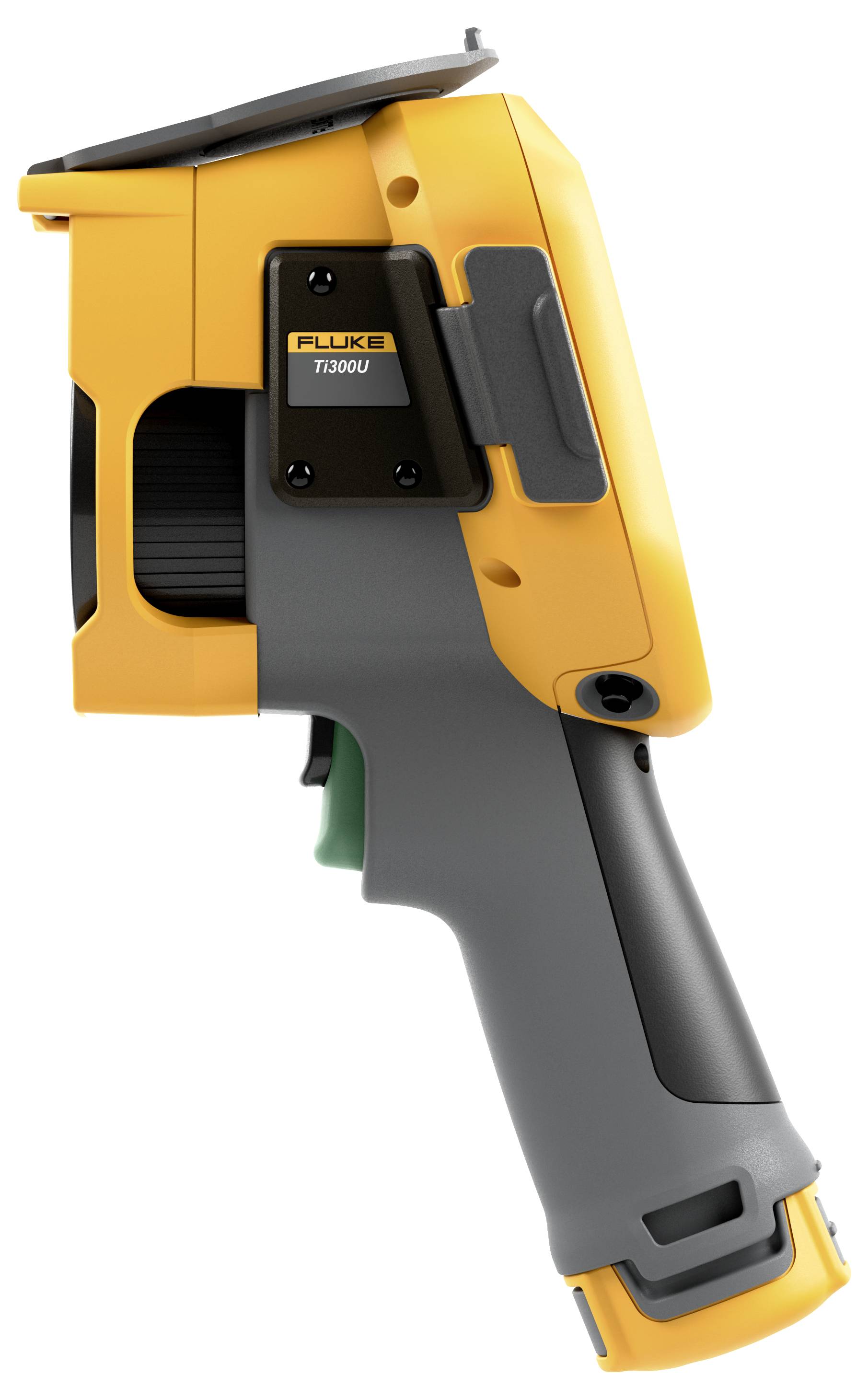 Oranje en grijze draagbare thermische beeldcamera met uitklapbaar display en griptrigger, gelabeld Fluke Ti300U.