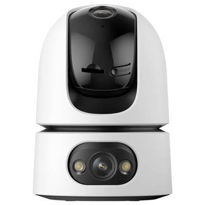 Compacte witte beveiligingscamera met zwart scherm en lens, voorzien van een frontale camermodule en een klein resetvakje op de bovenste eenheid.
