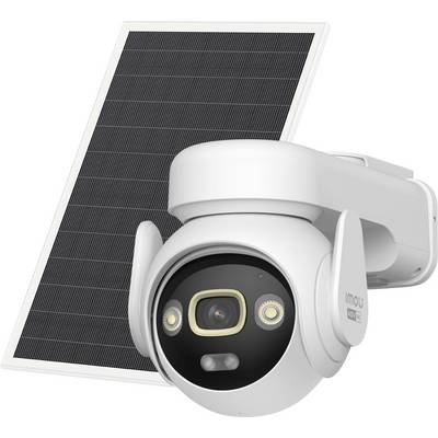 Witte op zonne-energie aangedreven beveiligingscamera met bijbehorend zonnepaneel op een witte achtergrond.