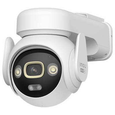 Witte aan de muur gemonteerde beveiligingscamera met een roterende koepel, lens en LED-verlichting, weergegeven in close-up op een effen achtergrond.