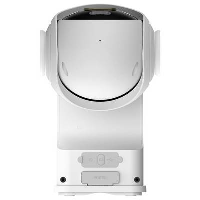 Vooraanzicht van een wit robotisch apparaat of camera-achtige machine met een centraal objectief/sensor, zijpanelen en een onderste 'DRUK'-knop.