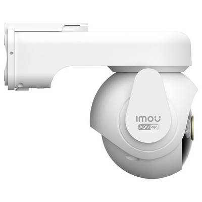 Witte outdoor beveiligingscamera met wandbevestigde zwenkarm, gelabeld als 'Imou AOV 4K'.
