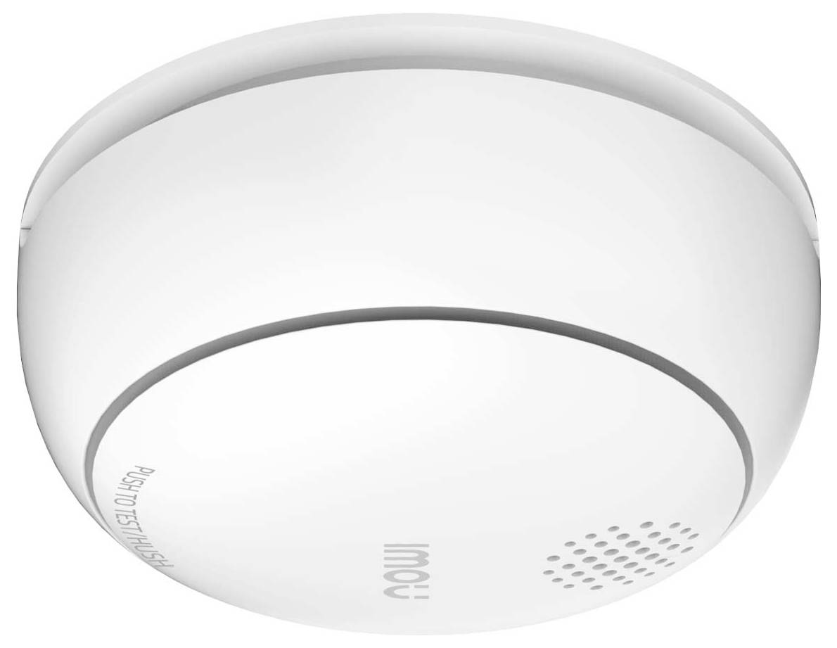 Witte ronde rookmelder met ventilatieopeningen en 'imou' branding, afgebeeld tegen een eenvoudige achtergrond.