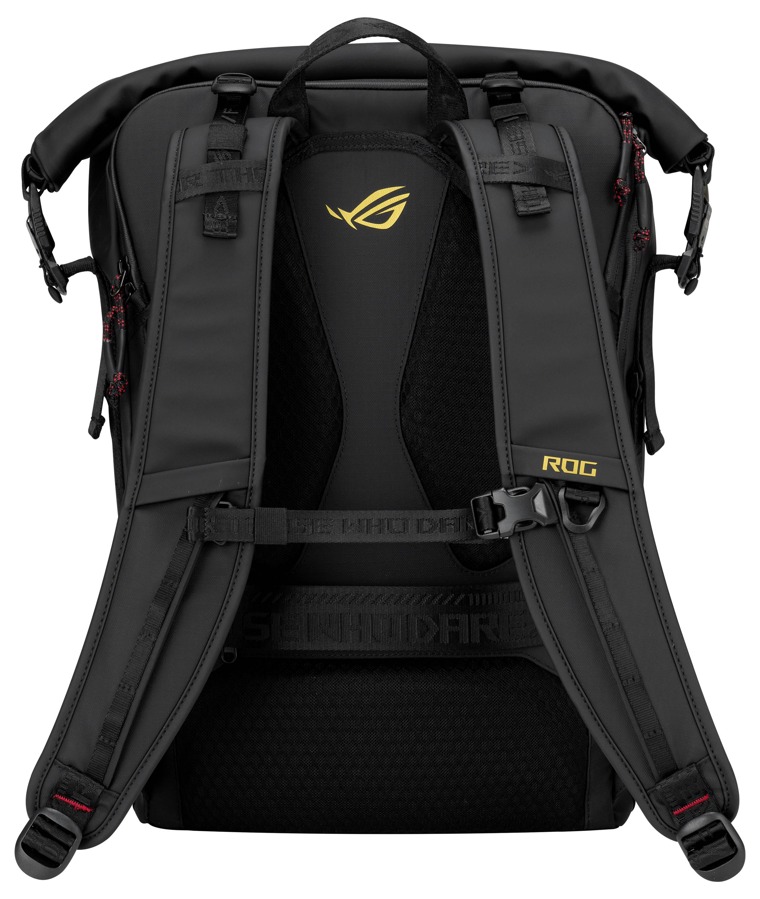 Achteraanzicht van een zwarte ASUS ROG rugzak met gevoerde schouderbanden, bovenste handvat en gele ROG-logo's.