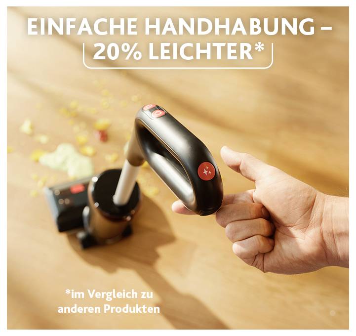 Handige reinigingsborstel met handvat in de hand; Tekst: 'EENVOUDIGE BEDIENING – 20% LICHTER*' en '*in vergelijking met andere producten'.