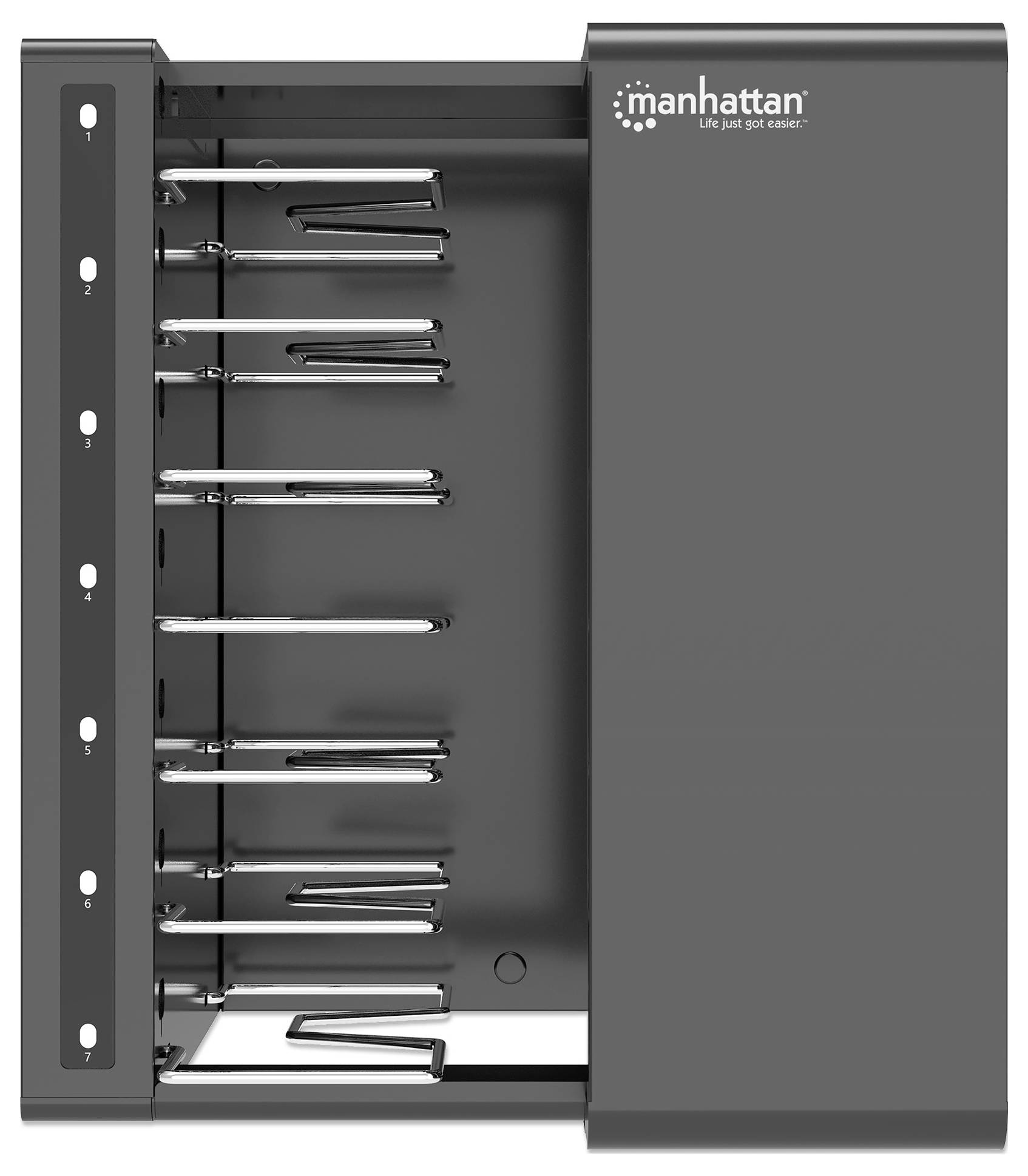 Grijze Manhattan hangende bestandsrek met zeven genummerde slots en mappen erin, weergegeven met het schuifdeksel open.