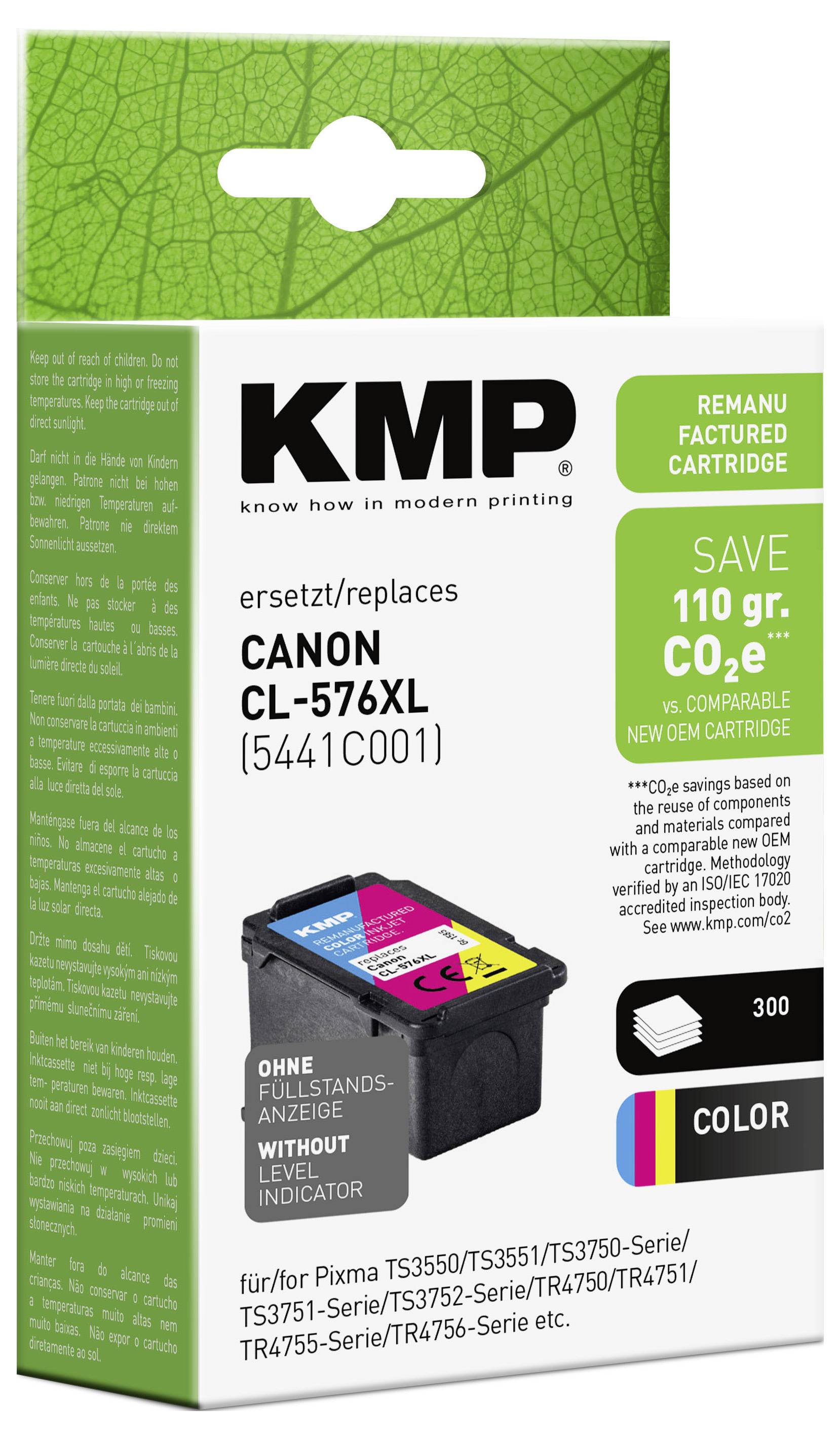 Afbeelding van een KMP geremanufactureerde kleurinktcartridge verpakking voor Canon CL-576XL, met een opbrengst van 300 pagina's, 110 g CO2-besparing en compatibiliteit met Pixma TS-reeks printers.