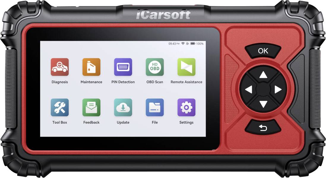 iCarsoft diagnostische autoscanner startscherm met pictogrammen voor Diagnose, Onderhoud, PIN-detectie, OBD-scan, Externe ondersteuning, Gereedschapskist, Feedback, Update, Bestand en Instellingen.
