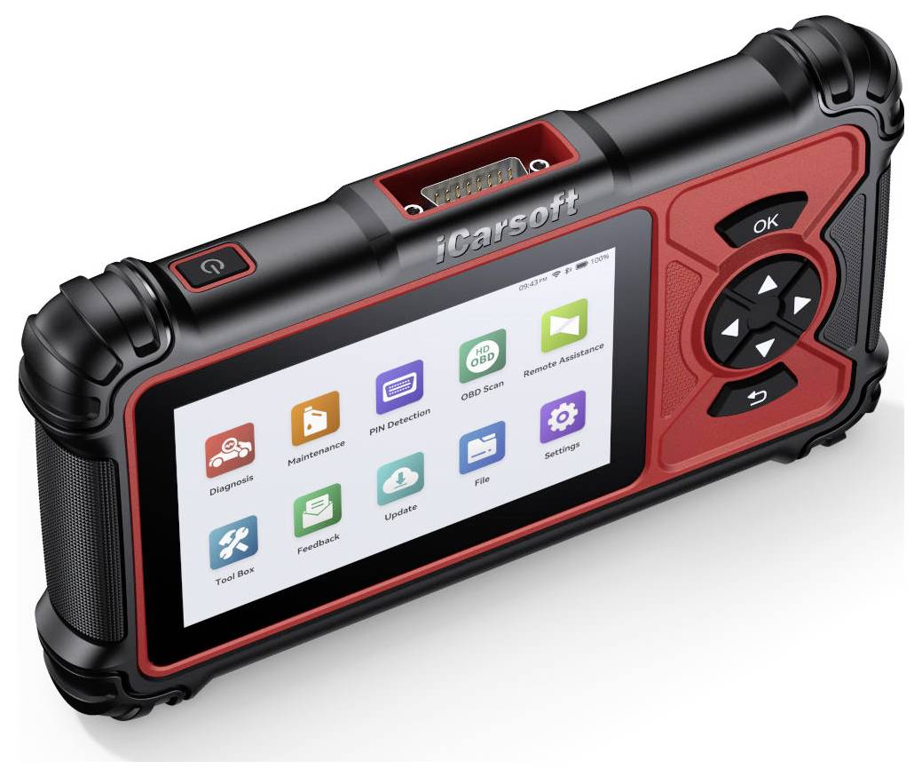 Robuuste iCarsoft automotive diagnostische scanner met een touchscreen-startmenu en fysieke navigatieknoppen.