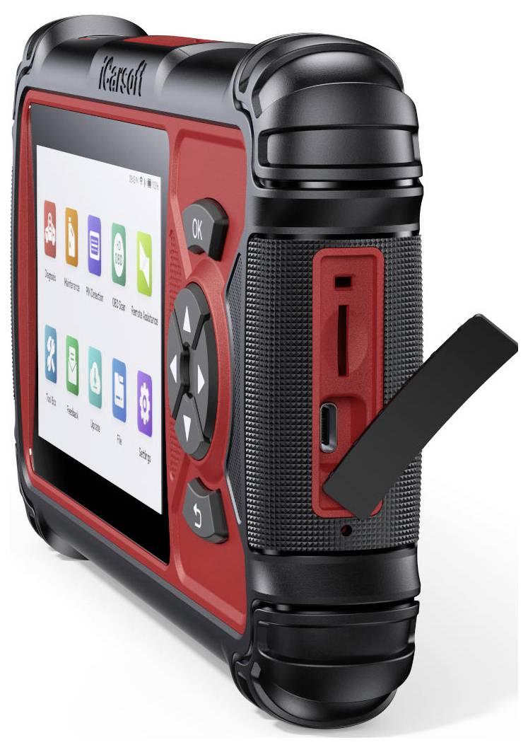 Robuuste rode en zwarte handheld diagnostische tablet met touchscreen, directioneel toetsenbord, en zijdelingse USB/SD-poorten, weergegeven in schuine weergave.