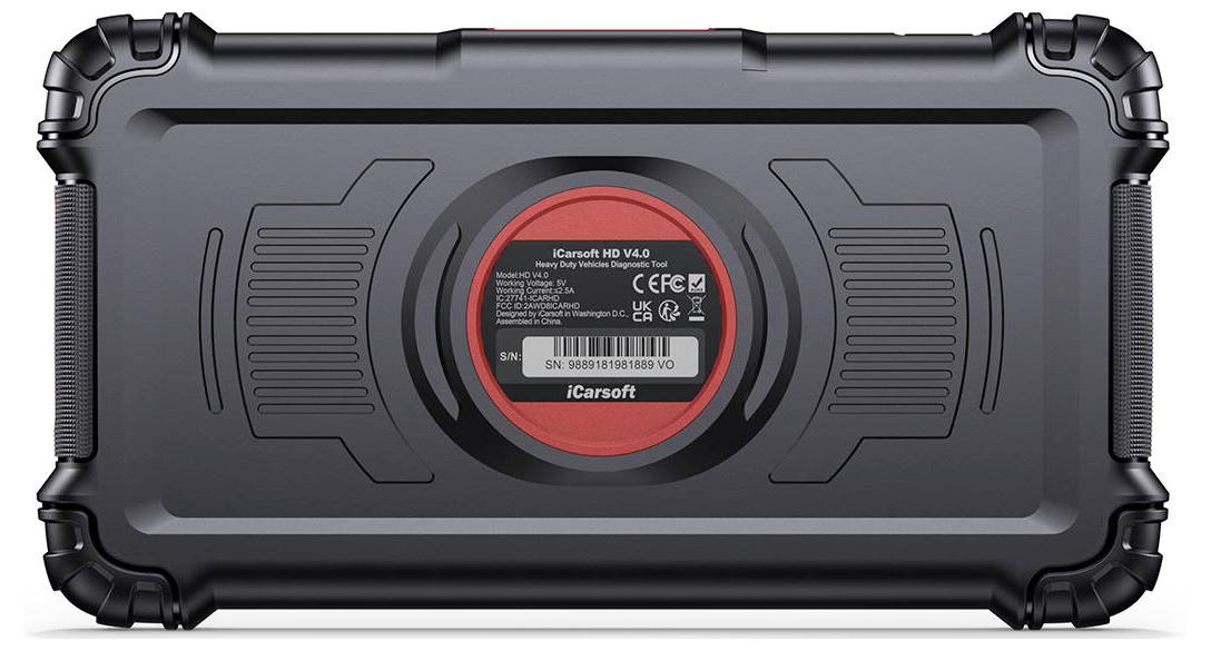 Achterkant van een robuuste zwarte iCarsoft HD V4.0 diagnostische tabletcase met een centraal rood omrand etiket en getextureerde beschermhoeken.