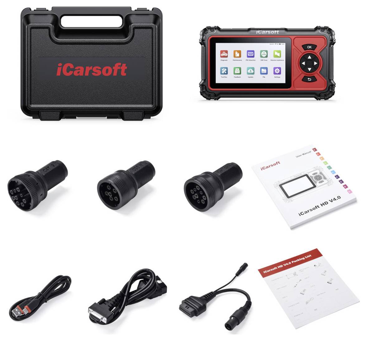 iCarsoft diagnostische scanner set met draagtas, handheld OBD-apparaat, adapterkabels, gebruikershandleiding en accessoirekabels.