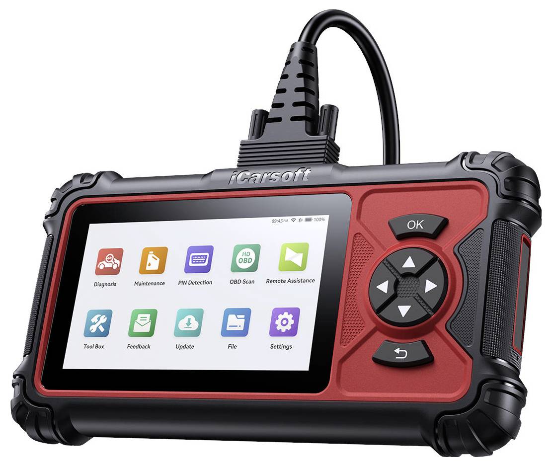 Handheld iCarsoft automotive diagnostic scanner met een aanraakschermmenu met pictogrammen voor diagnose, onderhoud, OBD-scan, externe ondersteuning, update, bestand en instellingen.