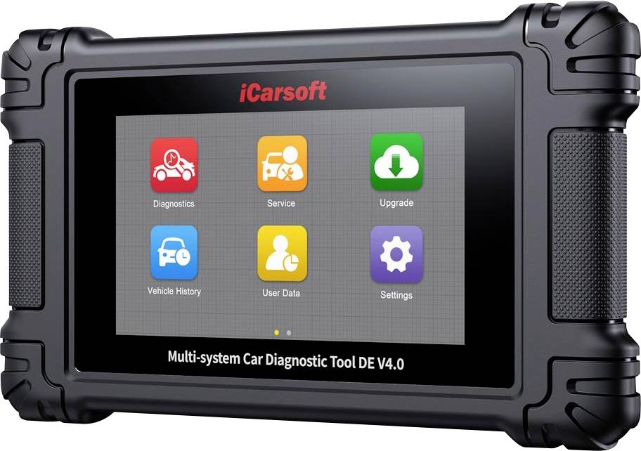 iCarsoft multi-system autodagnostisch gereedschap tablet met een startscherm met pictogrammen voor Diagnostiek, Service, Upgrade, Voertuiggeschiedenis, Gebruikersgegevens en Instellingen.