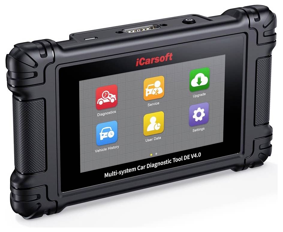 iCarsoft multi-systeem auto-diagnosetool met een aanraakschermmenu met pictogrammen voor Diagnostiek, Onderhoud, Upgrade, Voertuiggeschiedenis, Gebruikersgegevens en Instellingen.
