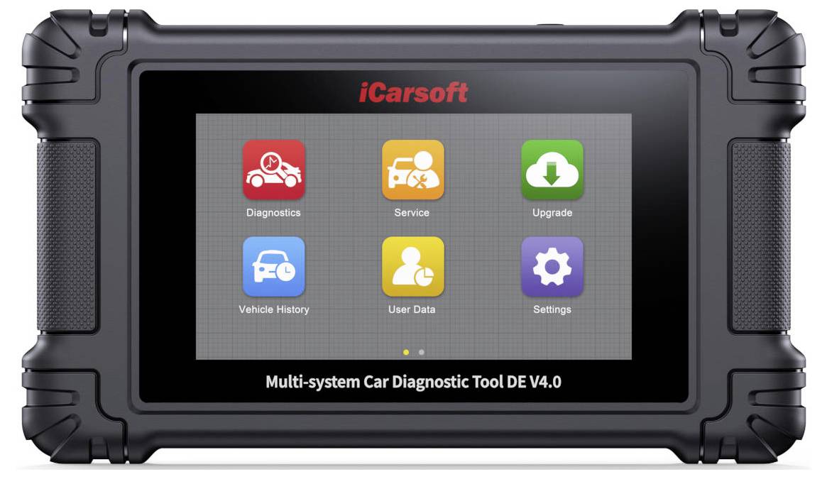 Robuuste iCarsoft multi-systeem auto-diagnostische tablet met zes app-pictogrammen: Diagnostics, Service, Upgrade, Vehicle History, User Data en Settings.