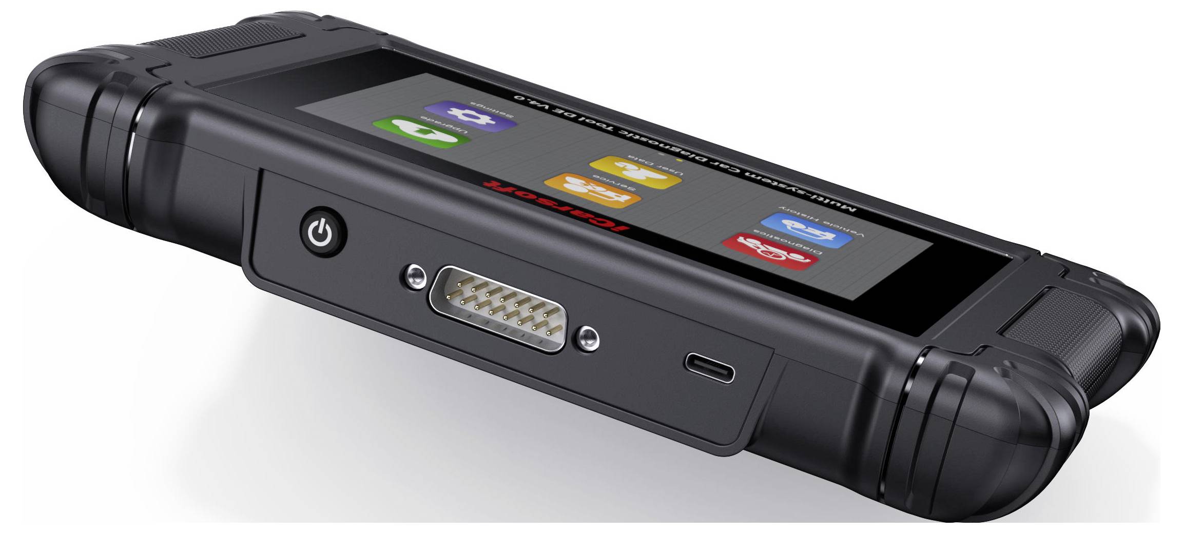 Robuust zwart handheld elektronisch apparaat met een touchscreen waarop app-pictogrammen worden weergegeven, een aan/uit-knop, USB-C-poort en aansluitingspoort.