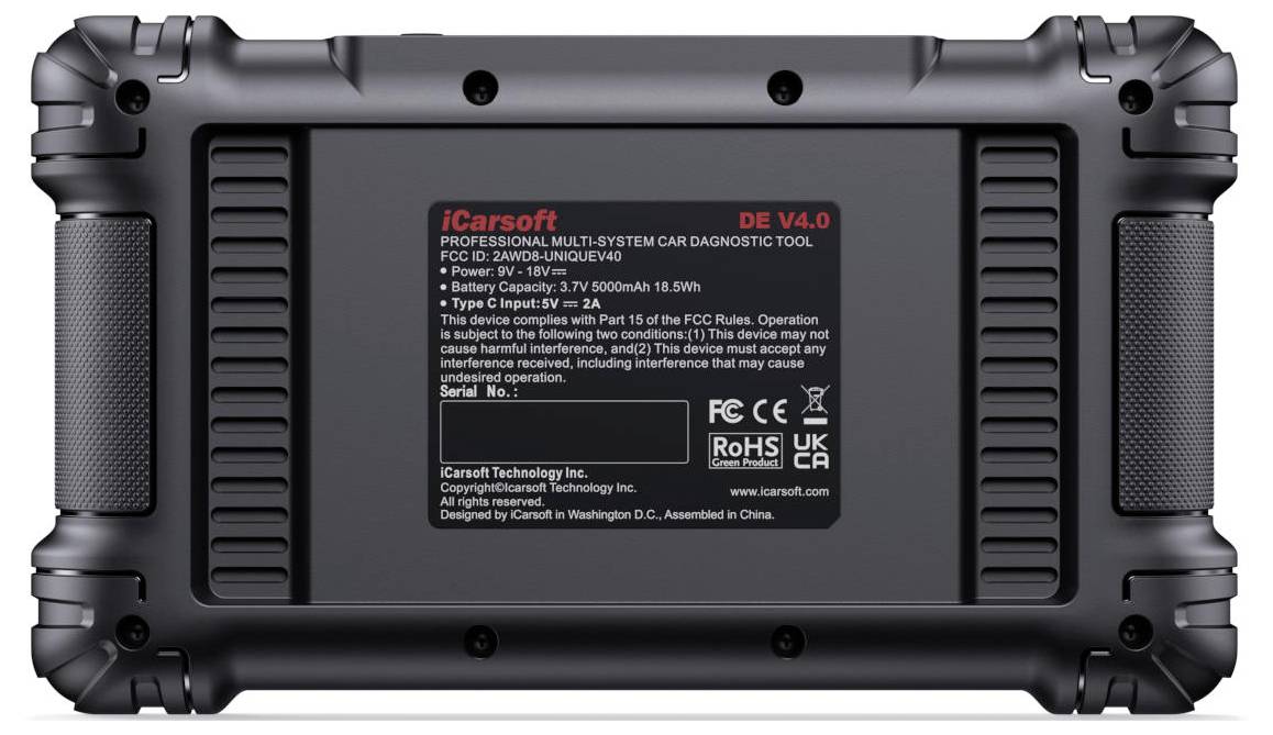 Achterkant van een iCarsoft DE V4.0 professioneel multisysteem autoadiagnostisch gereedschap met label met informatie over batterijcapaciteit, stroomingangsinformatie en certificeringsmerken.