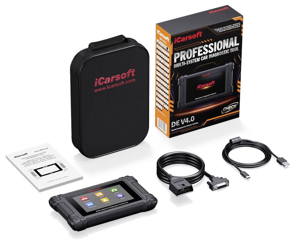 iCarsoft professionele multisysteem autodagnosticatoolkit met handheld scanner, kabels, draagtas, handleiding en retailverpakking.