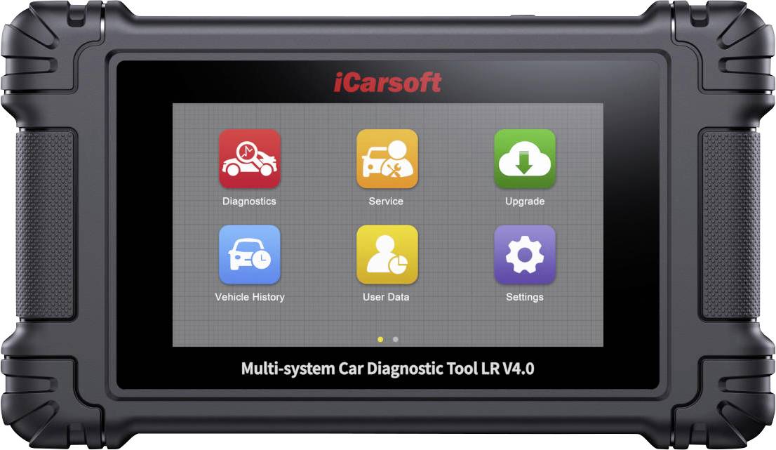 Handheld iCarsoft voertuigdiagnostisch hulpmiddel met een menu van zes functies: Diagnostiek, Service, Upgrade, Voertuiggeschiedenis, Gebruikersgegevens en Instellingen.