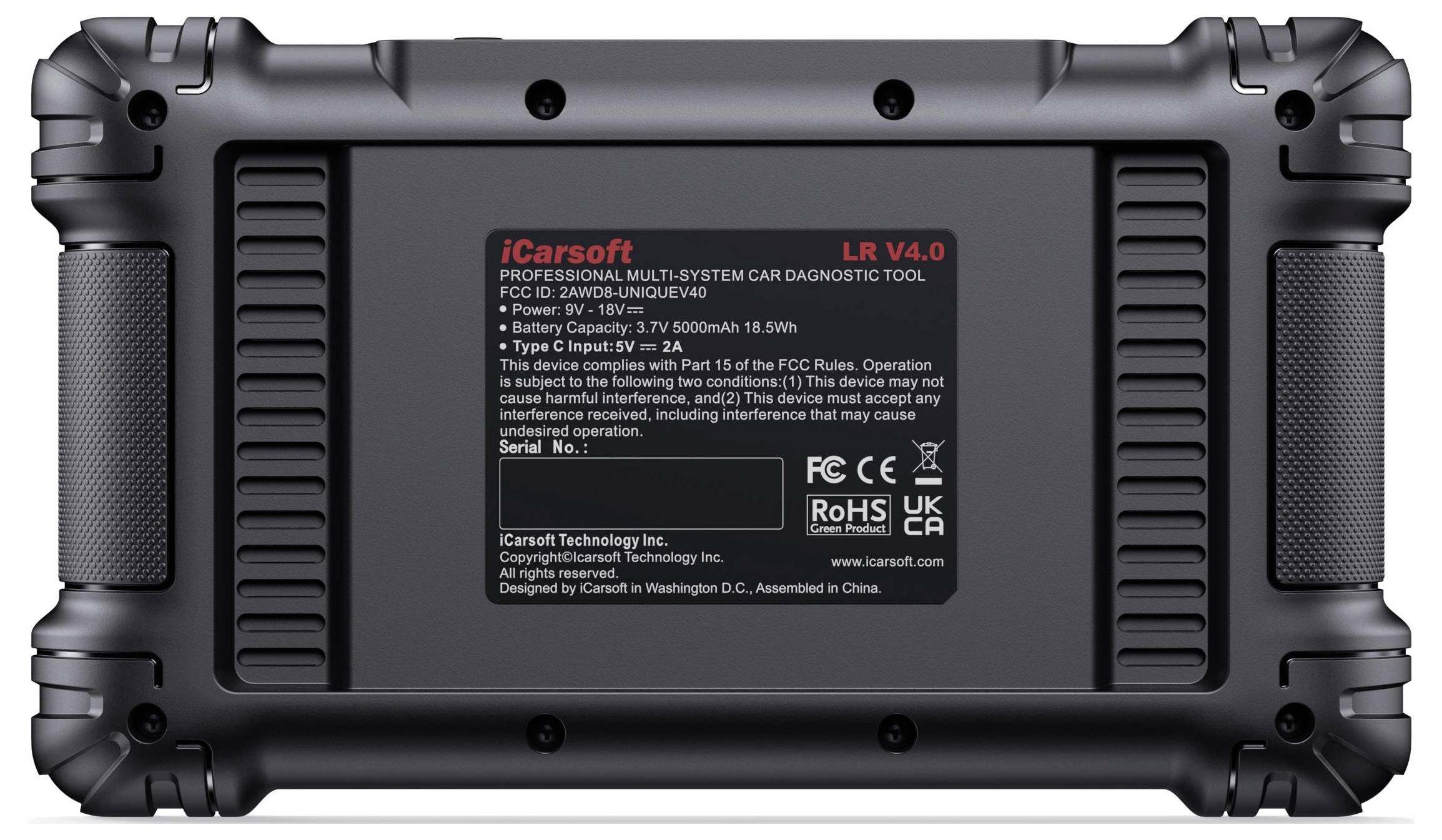 Achterkant van een robuuste iCarsoft LR V4.0 professionele multi-systeem autodagnostische tool, waarop het productlabel en modelinformatie op de behuizing zichtbaar zijn.