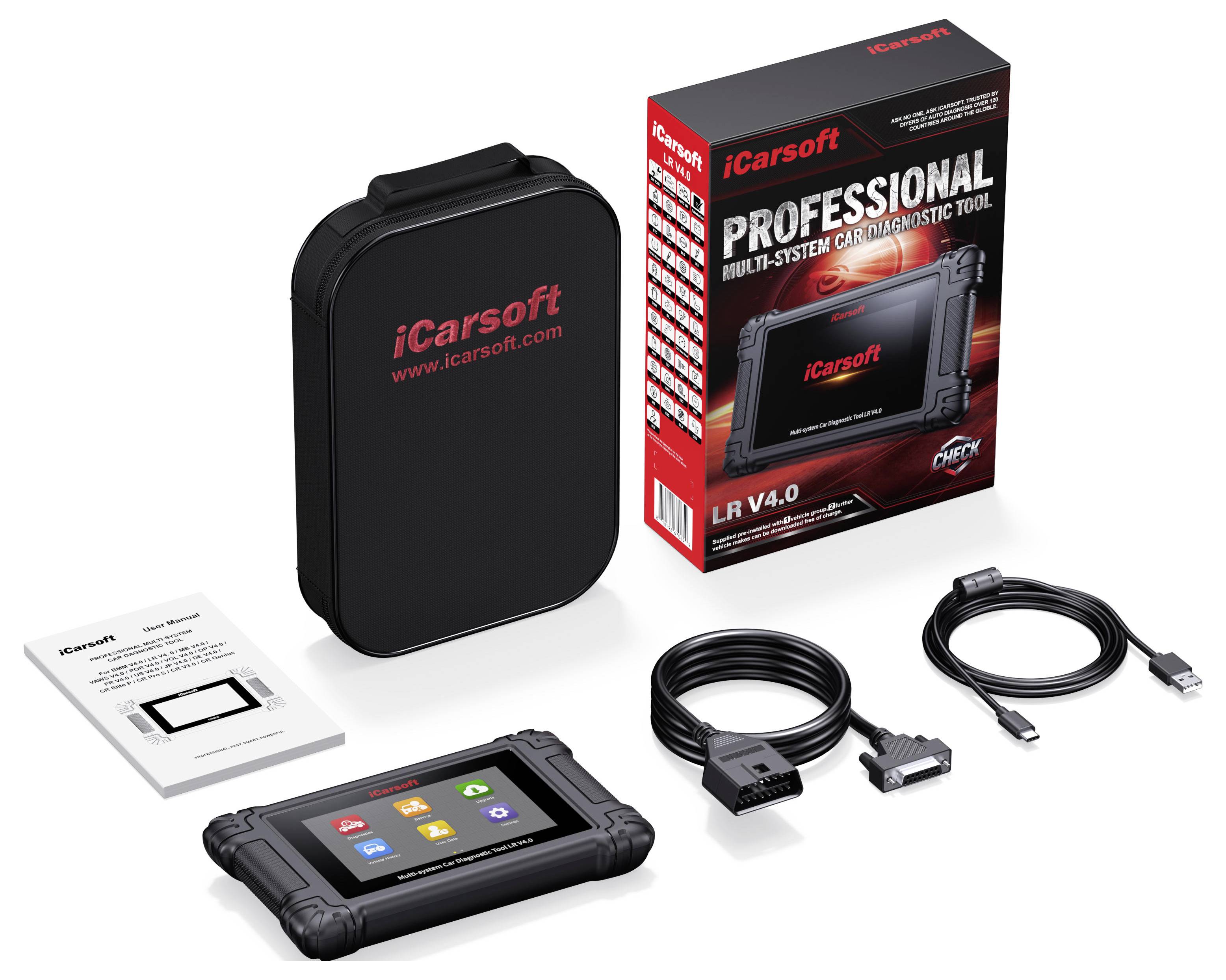 iCarsoft Professioneel multi-systeem auto diagnostische tool kit met draagbare scanner, draagtas, kabels, handleiding en verkoopverpakking.