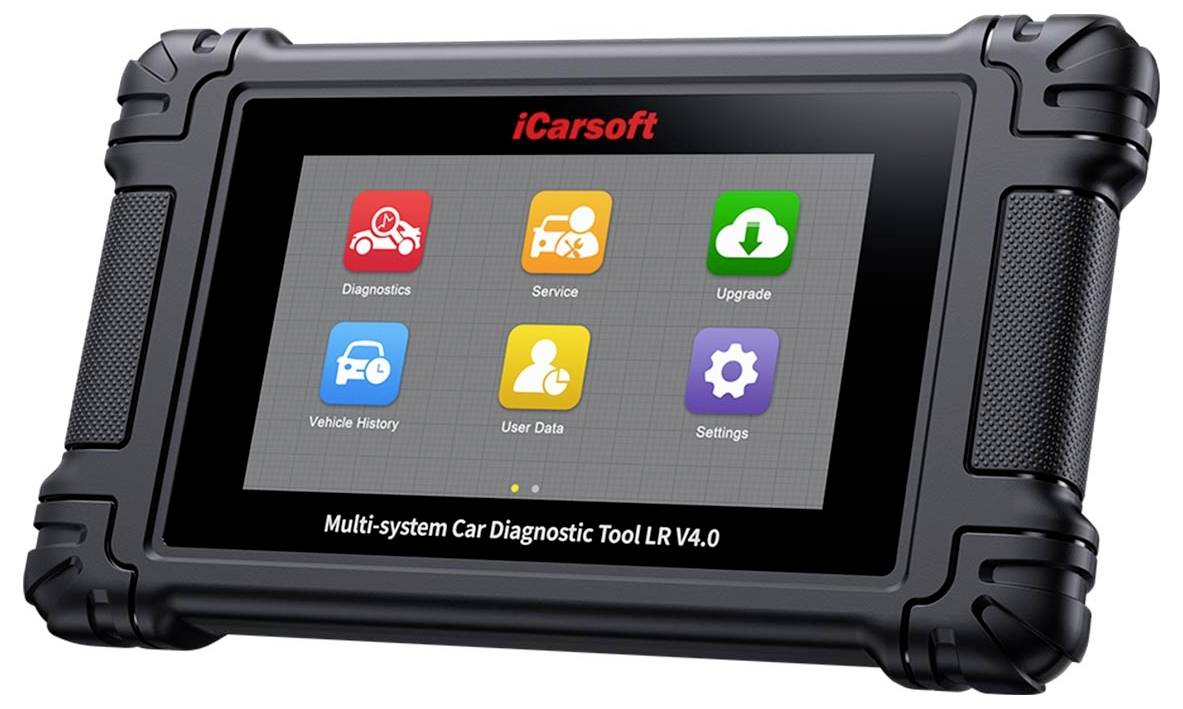 Robuuste iCarsoft multi-systeem auto-diagnosetool tablet met een startscherm met pictogrammen voor Diagnostiek, Service, Upgrade, Voertuiggeschiedenis, Gebruikersgegevens en Instellingen.