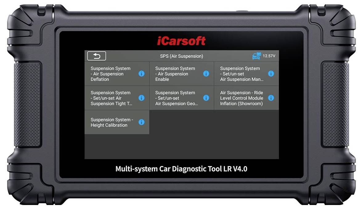 Robuuste iCarsoft auto-diagnosetablet met het SPS-luchtveringmenu met opties voor ontluchting, inschakeling, instellen/uitschakelen en hoogtekalibratie.