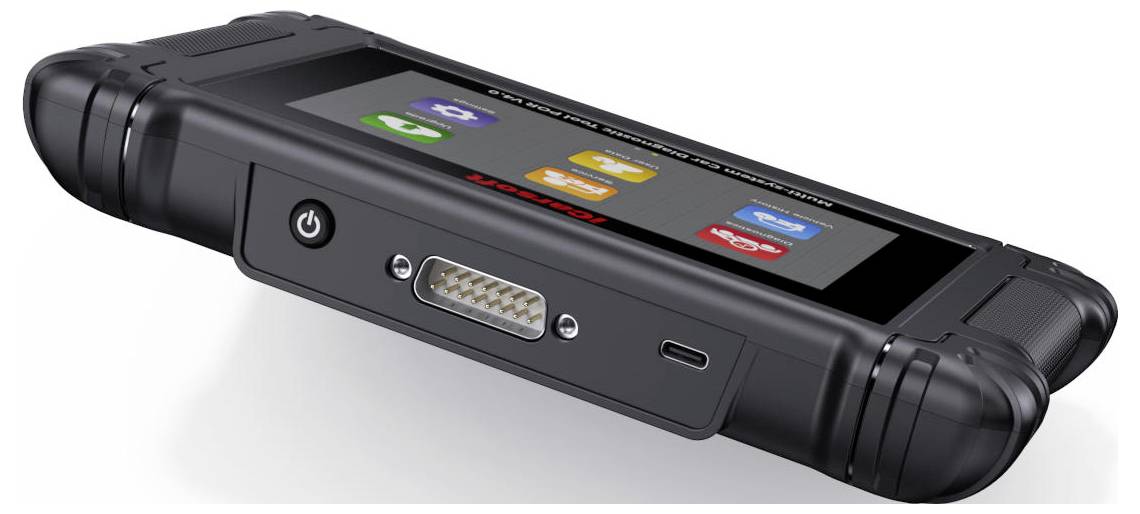 Robuust handheld elektronisch apparaat met een touchscreen met app-pictogrammen, zijdelingse aan-uitknop en een aansluitpoort.