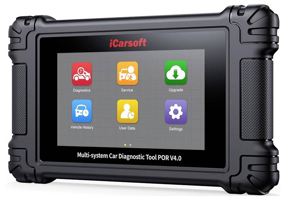 iCarsoft multi-system diagnoseapparaat voor auto's met tabletweergave met pictogrammen voor Diagnostiek, Service, Upgrade, Voertuiggeschiedenis, Gebruikersgegevens en Instellingen.