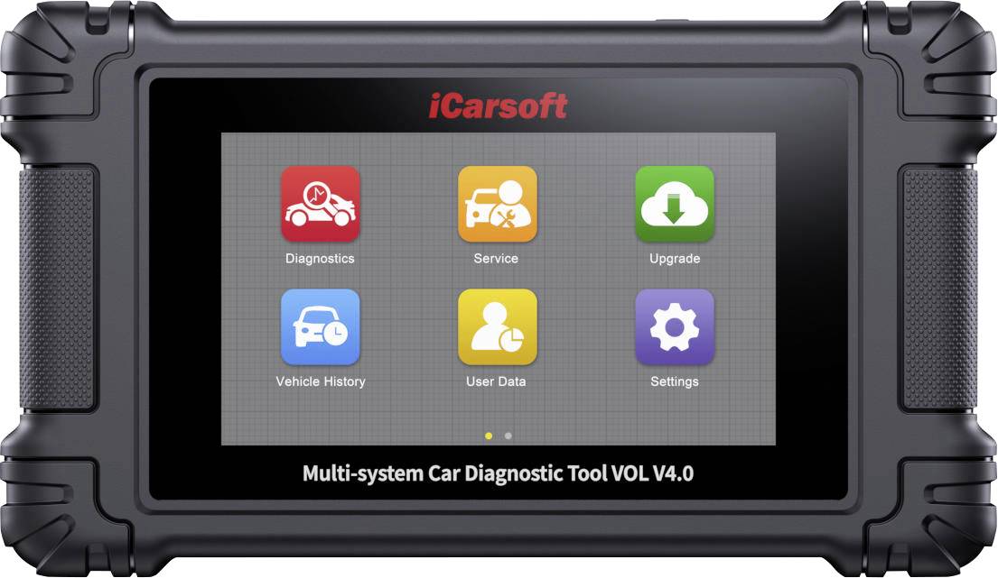 iCarsoft Multi-system Auto Diagnostische Tool V4.0 met zes touchscreenopties: Diagnostiek, Service, Upgrade, Voertuiggeschiedenis, Gebruikersgegevens en Instellingen.
