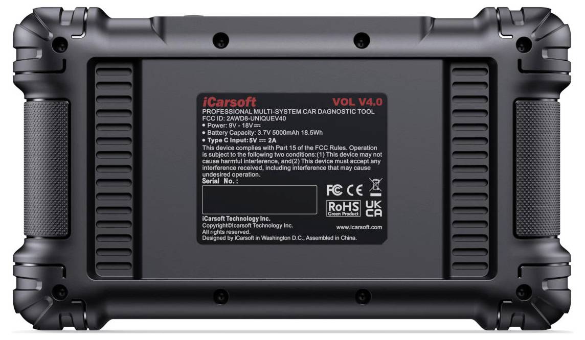 Achterkant van een iCarsoft VOL V4.0 professionele multi-systeem auto-diagnostische tablet met een gecentreerd productlabel en robuuste zwarte beschermende behuizing.