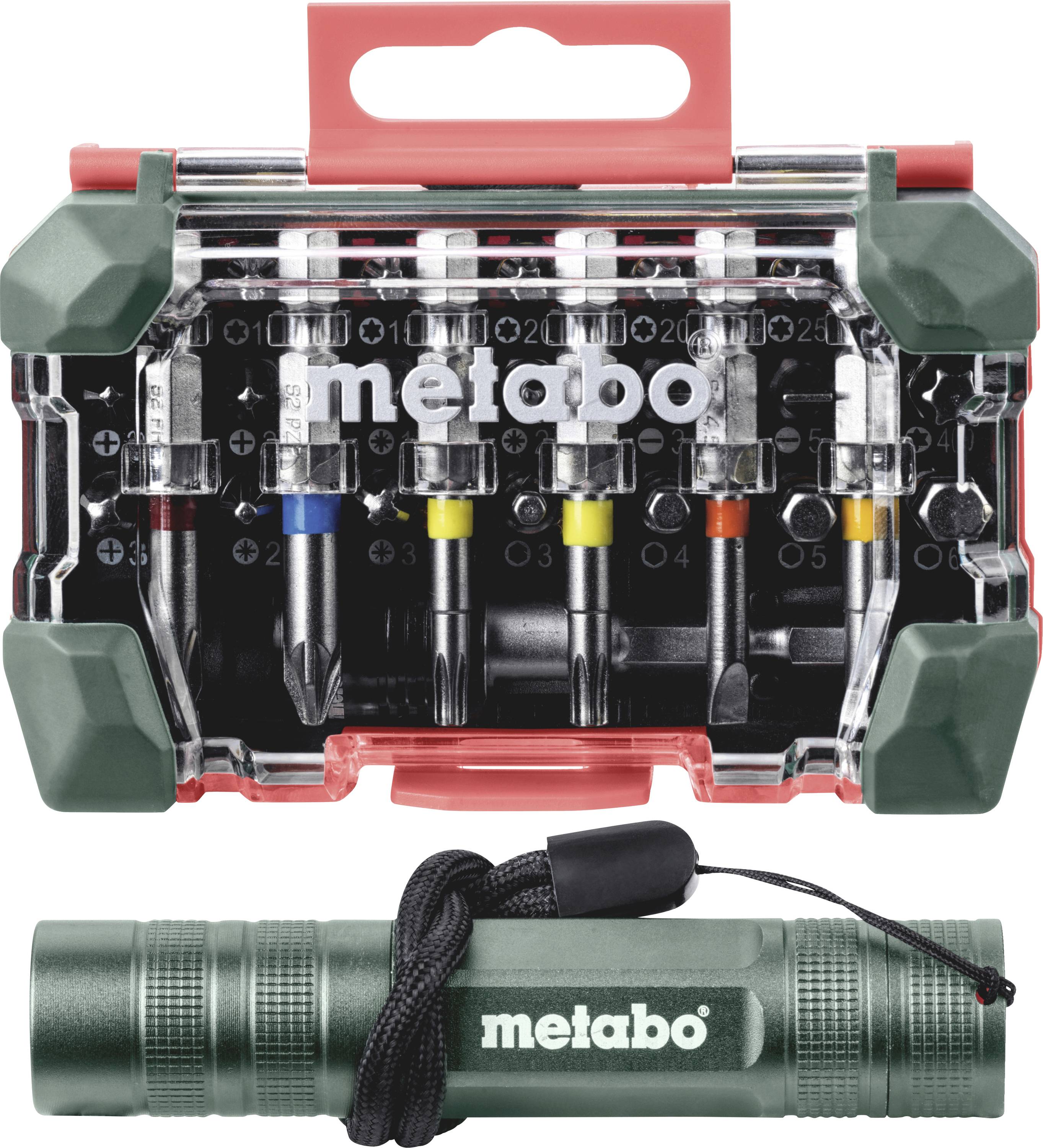 Metabo bitset en groene zaklamp in een doorzichtige rode draagtas.
