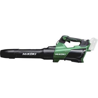 HIKOKI draadloze bladblazer met zwarte uitlaatpijp en groen lichaam, getoond in zijweergave op een witte achtergrond.
