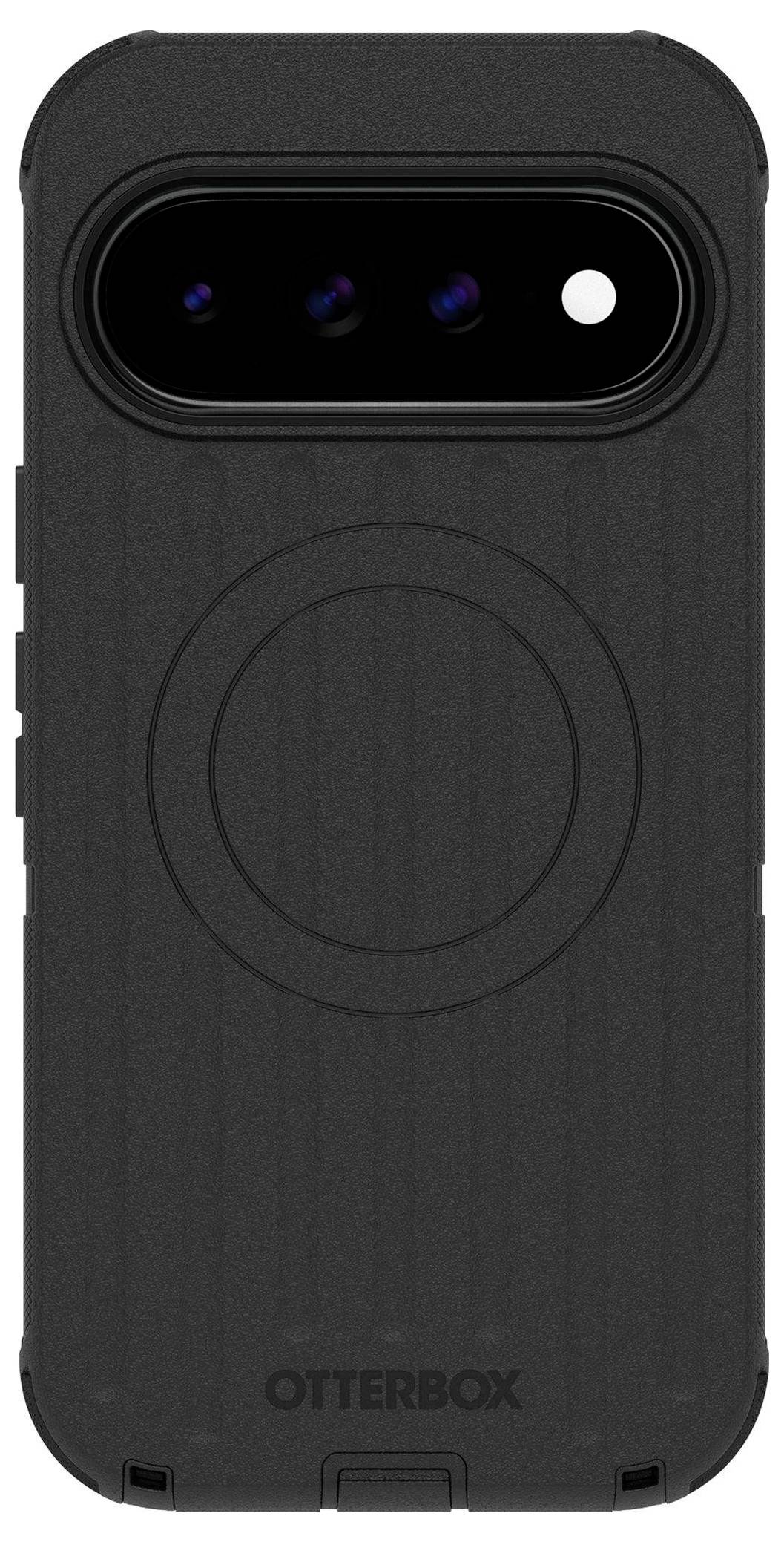 Zwart OtterBox telefoonhoesje weergegeven van achteren, met drie camerasnitten en een gecentreerde ronde MagSafe-achtige ring.