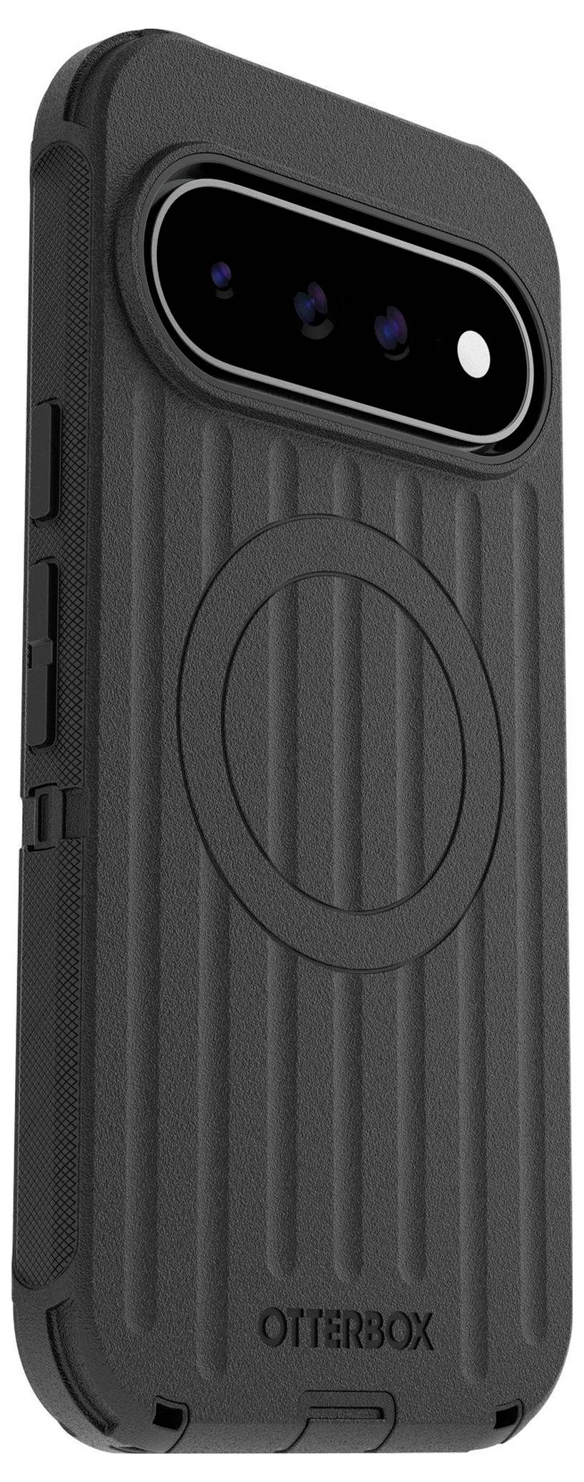 Zwart OtterBox smartphonehoesje met verhoogde cameraussnijding en centraal gepositioneerde MagSafe-achtige circulaire ring aan de achterkant.