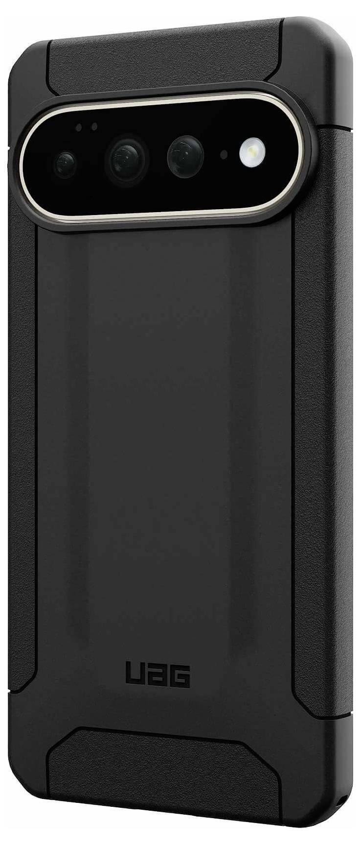 Zwarte UAG beschermende smartphonecase van achteren getoond, met een verhoogde horizontale camera-uitsnede en UAG-logo nabij de onderkant.