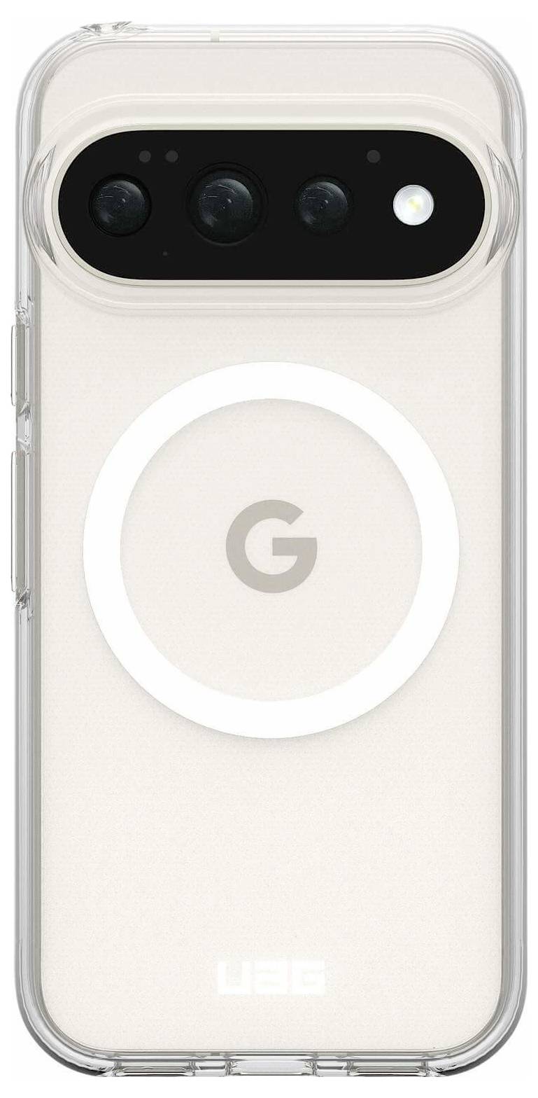 Achterkant van een Google Pixel-telefoon in een transparante hoes, waarop de achterste camerastrip en het gecentreerde 'G'-logo zichtbaar zijn.