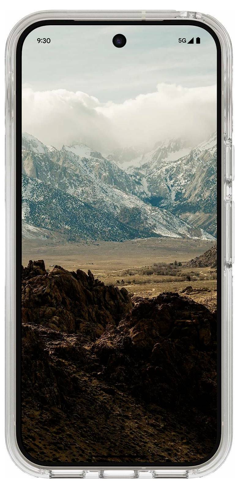 Smartphone met een berglandschapbehang met rotsachtige voorgrond, dal en sneeuwbedekte pieken onder bewolkte hemels.