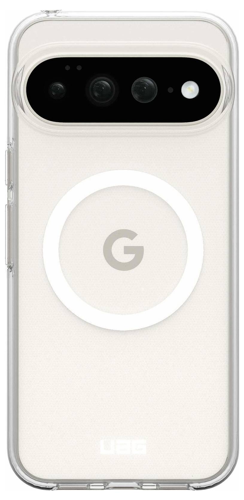 Doorzichtig telefoonhoesje op een witte Google Pixel-telefoon, met zichtbalk voor de achtercamera, flitser en grote ronde ring in MagSafe-stijl met gecentreerd 'G'-logo.