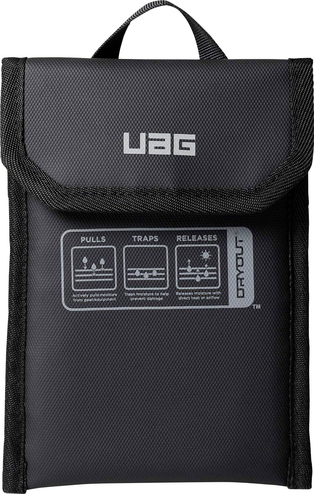 Zwarte UAG ritssluiting tas of tablet hoes met klepruitersluiting, voorkant weergegeven op een witte achtergrond.