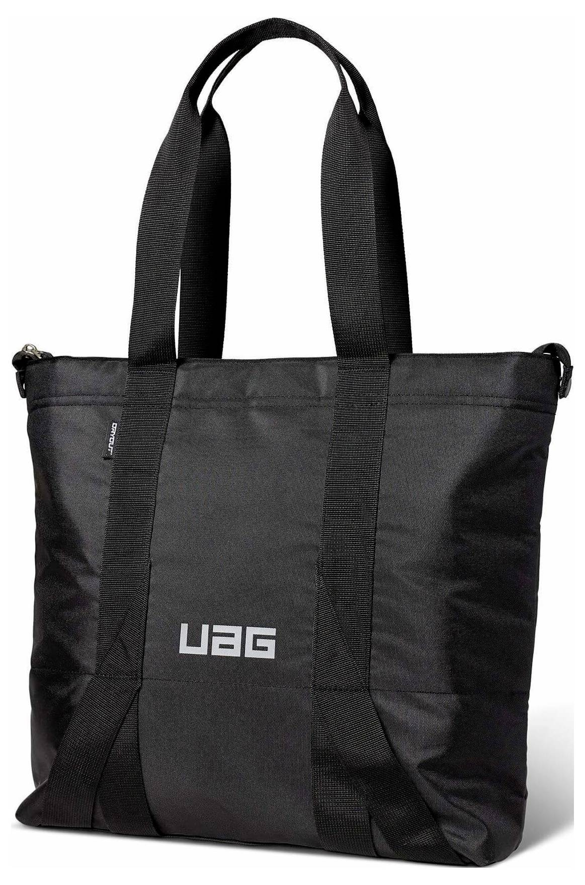 Zwarte UAG-draagtas met lange hengsels en logo, getoond op een witte achtergrond.