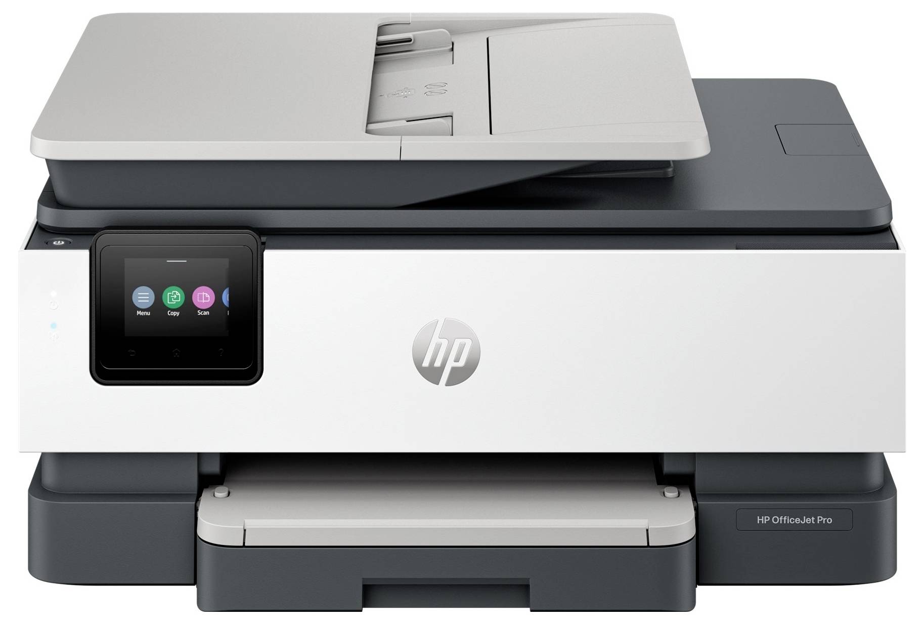 Vooraanzicht van een HP OfficeJet Pro all-in-one printer met touchscreen-display en zichtbare papierladen.