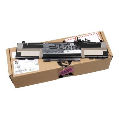 Een HP-printerbatterijpack in een kartonnen verzendoos op een witte achtergrond.